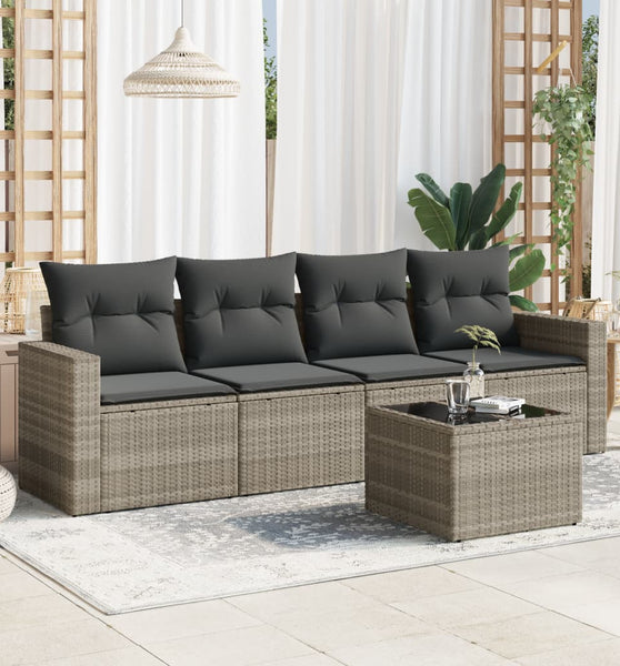 5-tlg. Garten-Sofagarnitur mit Kissen Hellgrau Poly Rattan