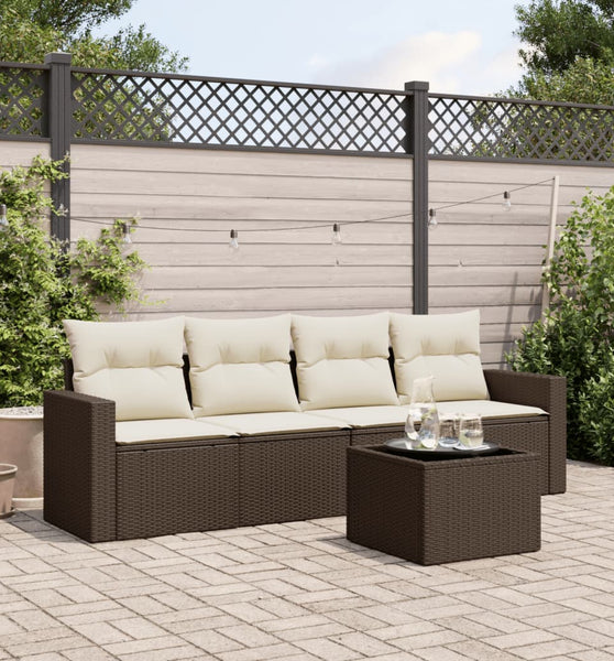 5-tlg. Garten-Sofagarnitur mit Kissen Braun Poly Rattan