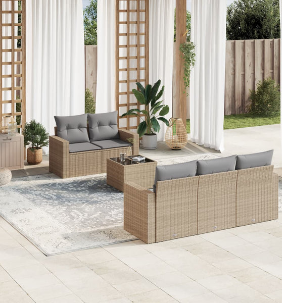 6-tlg. Garten-Sofagarnitur mit Kissen Beige Poly Rattan