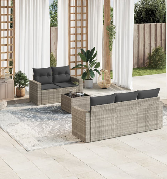 6-tlg. Garten-Sofagarnitur mit Kissen Hellgrau Poly Rattan