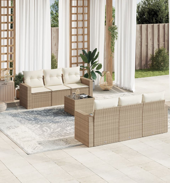 7-tlg. Garten-Sofagarnitur mit Kissen Beige Poly Rattan