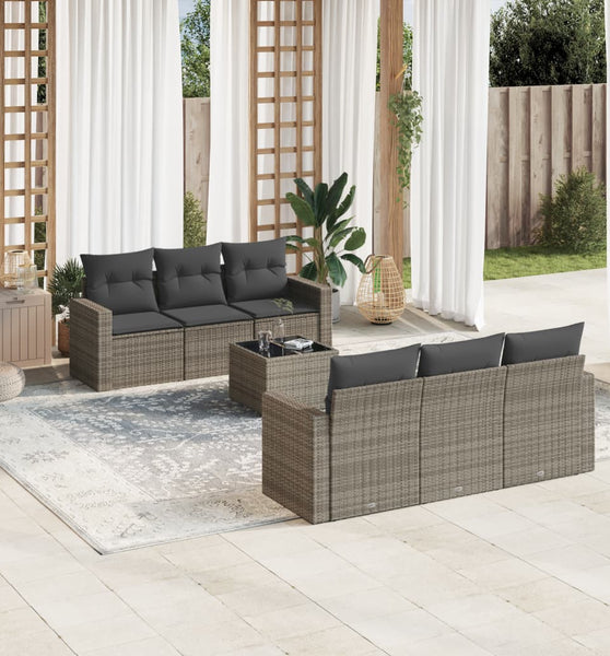 7-tlg. Garten-Sofagarnitur mit Kissen Grau Poly Rattan