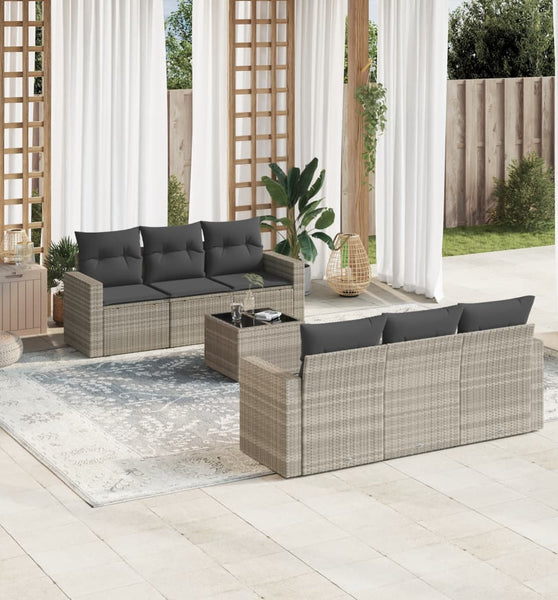 7-tlg. Garten-Sofagarnitur mit Kissen Hellgrau Poly Rattan