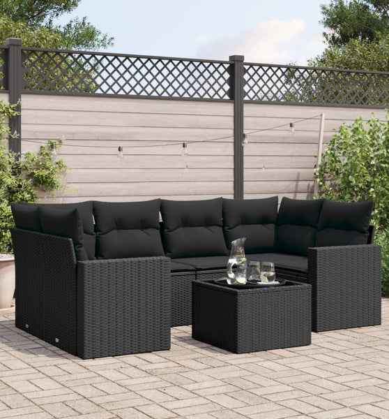 7-tlg. Garten-Sofagarnitur mit Kissen Schwarz Poly Rattan