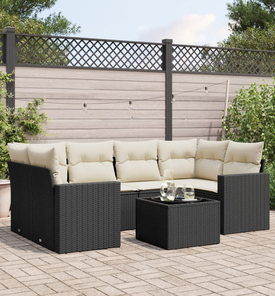 7-tlg. Garten-Sofagarnitur mit Kissen Schwarz Poly Rattan