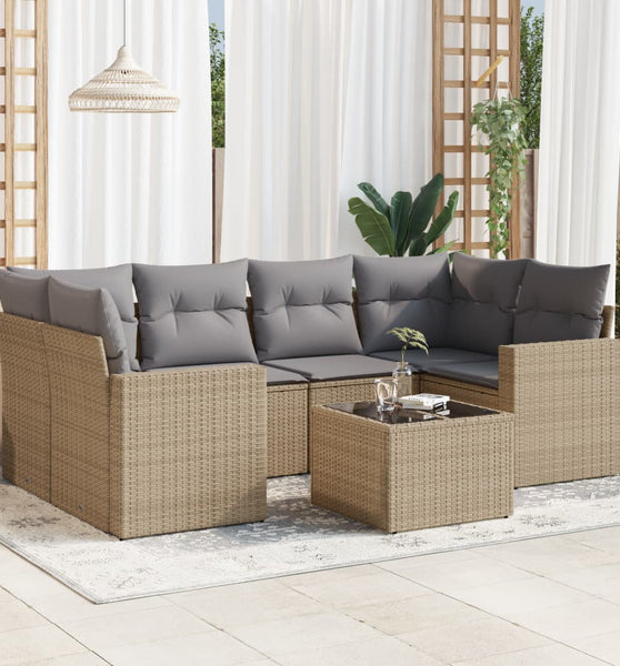 7-tlg. Garten-Sofagarnitur mit Kissen Beige Poly Rattan