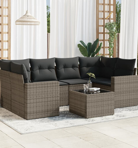 7-tlg. Garten-Sofagarnitur mit Kissen Grau Poly Rattan