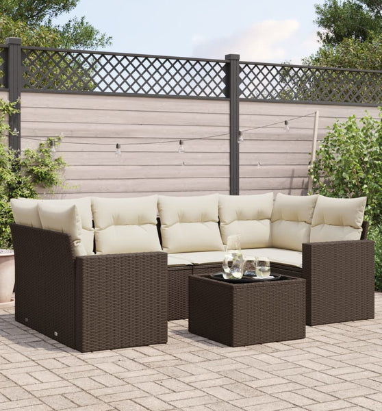 7-tlg. Garten-Sofagarnitur mit Kissen Braun Poly Rattan