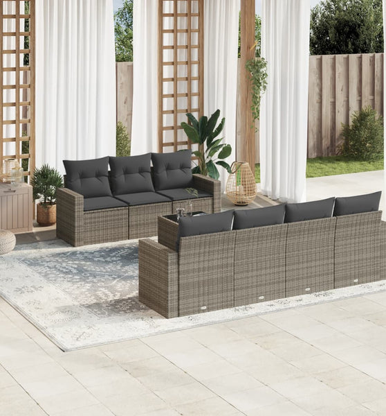 8-tlg. Garten-Sofagarnitur mit Kissen Grau Poly Rattan