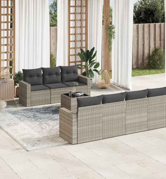 8-tlg. Garten-Sofagarnitur mit Kissen Hellgrau Poly Rattan