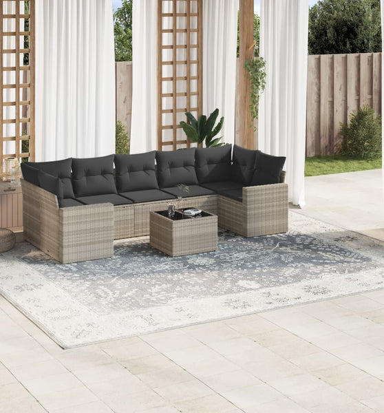 8-tlg. Garten-Sofagarnitur mit Kissen Hellgrau Poly Rattan