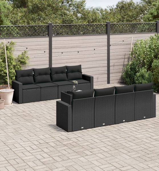 9-tlg. Garten-Sofagarnitur mit Kissen Schwarz Poly Rattan