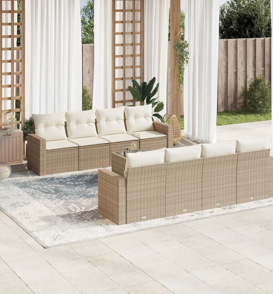 9-tlg. Garten-Sofagarnitur mit Kissen Beige Poly Rattan