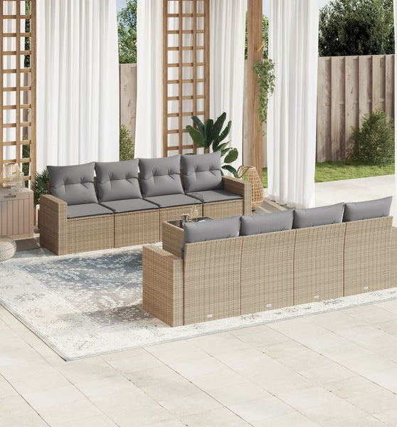 9-tlg. Garten-Sofagarnitur mit Kissen Beige Poly Rattan