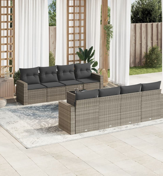 9-tlg. Garten-Sofagarnitur mit Kissen Grau Poly Rattan