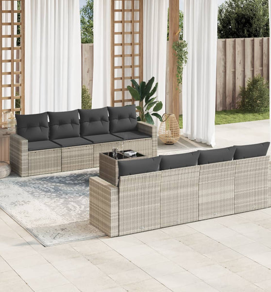 9-tlg. Garten-Sofagarnitur mit Kissen Hellgrau Poly Rattan