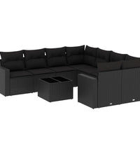 9-tlg. Garten-Sofagarnitur mit Kissen Schwarz Poly Rattan