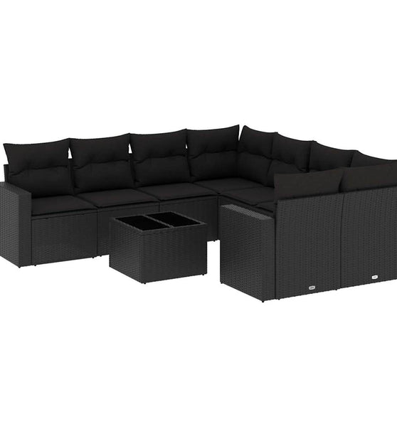 9-tlg. Garten-Sofagarnitur mit Kissen Schwarz Poly Rattan