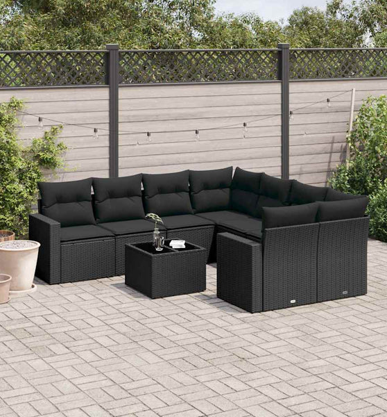 9-tlg. Garten-Sofagarnitur mit Kissen Schwarz Poly Rattan