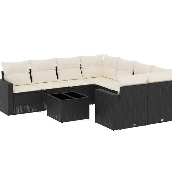 9-tlg. Garten-Sofagarnitur mit Kissen Schwarz Poly Rattan