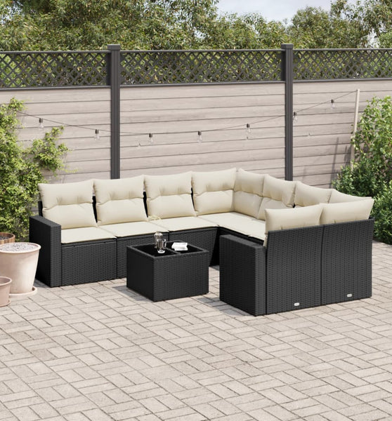 9-tlg. Garten-Sofagarnitur mit Kissen Schwarz Poly Rattan