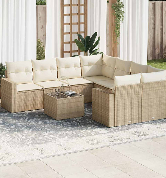 9-tlg. Garten-Sofagarnitur mit Kissen Beige Poly Rattan