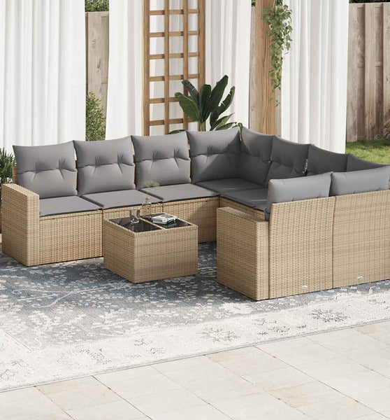 9-tlg. Garten-Sofagarnitur mit Kissen Beige Poly Rattan