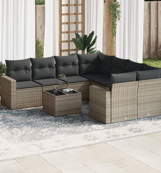 9-tlg. Garten-Sofagarnitur mit Kissen Grau Poly Rattan