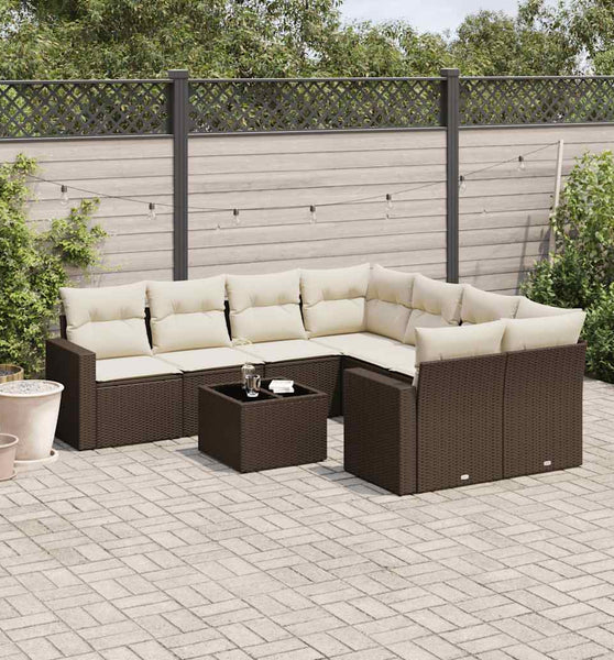 9-tlg. Garten-Sofagarnitur mit Kissen Braun Poly Rattan