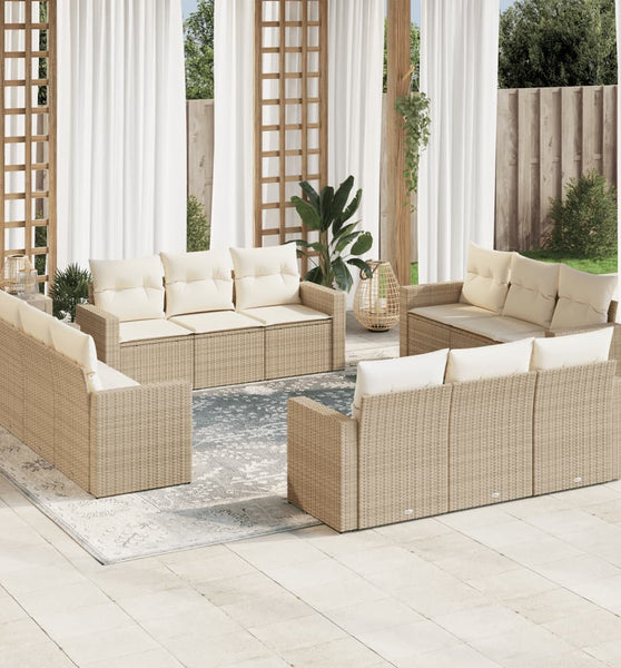 12-tlg. Garten-Sofagarnitur mit Kissen Beige Poly Rattan