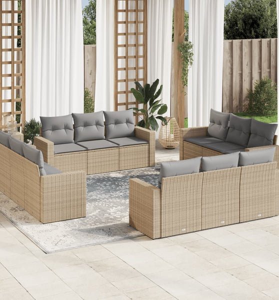 12-tlg. Garten-Sofagarnitur mit Kissen Beige Poly Rattan