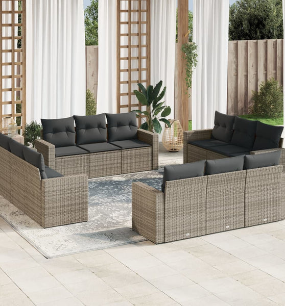 12-tlg. Garten-Sofagarnitur mit Kissen Grau Poly Rattan