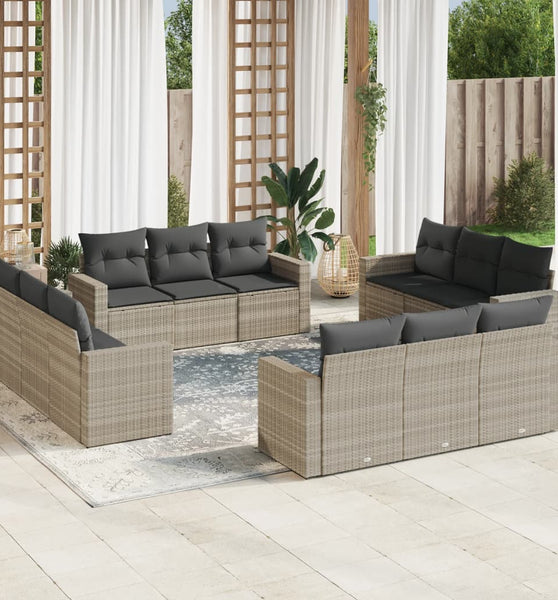 12-tlg. Garten-Sofagarnitur mit Kissen Hellgrau Poly Rattan