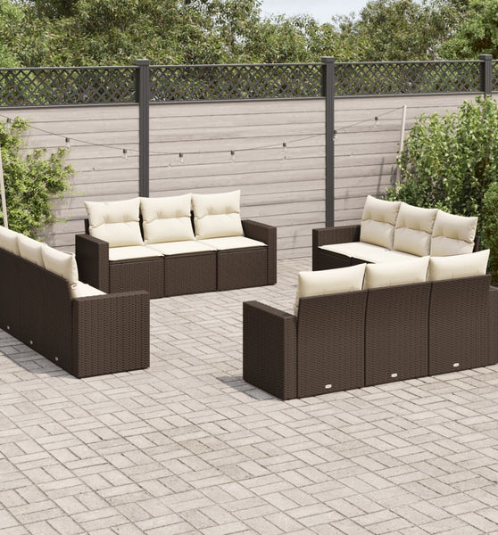 12-tlg. Garten-Sofagarnitur mit Kissen Braun Poly Rattan