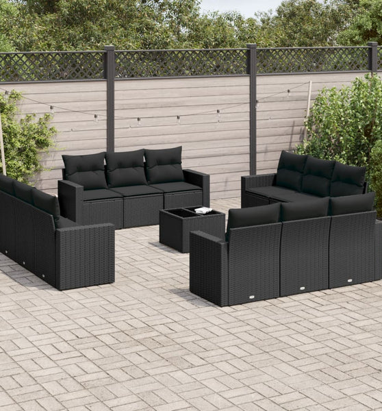 13-tlg. Garten-Sofagarnitur mit Kissen Schwarz Poly Rattan