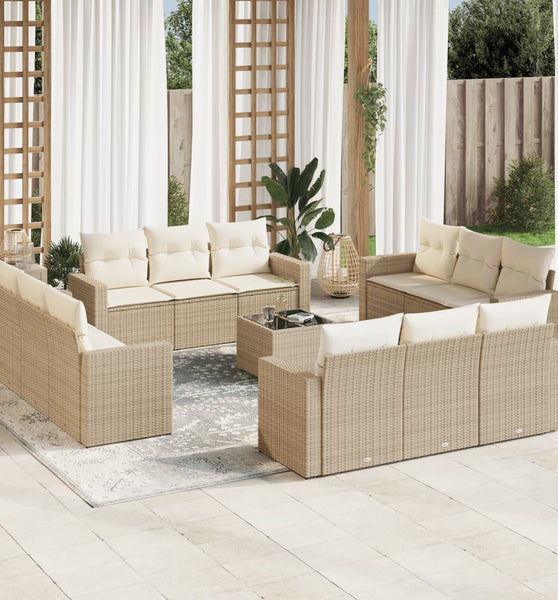 13-tlg. Garten-Sofagarnitur mit Kissen Beige Poly Rattan