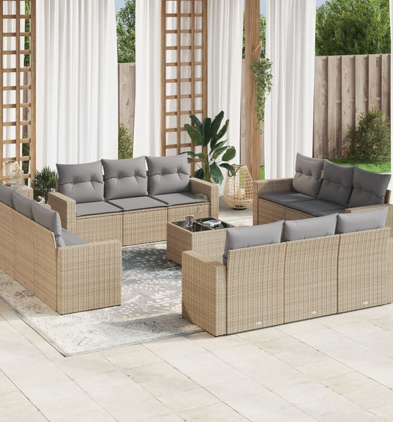 13-tlg. Garten-Sofagarnitur mit Kissen Beige Poly Rattan