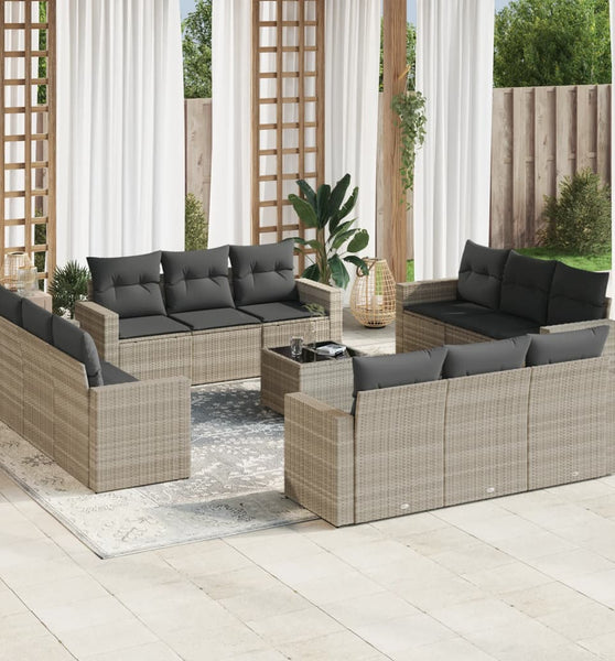 13-tlg. Garten-Sofagarnitur mit Kissen Hellgrau Poly Rattan