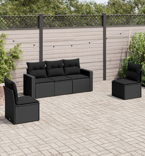 5-tlg. Garten-Sofagarnitur mit Kissen Schwarz Poly Rattan