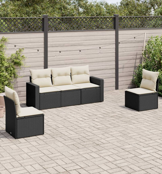 5-tlg. Garten-Sofagarnitur mit Kissen Schwarz Poly Rattan