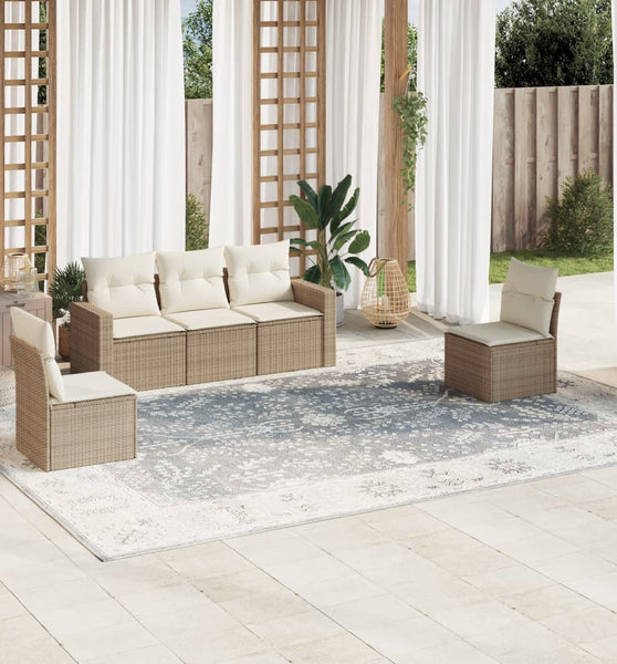 5-tlg. Garten-Sofagarnitur mit Kissen Beige Poly Rattan