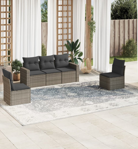 5-tlg. Garten-Sofagarnitur mit Kissen Grau Poly Rattan