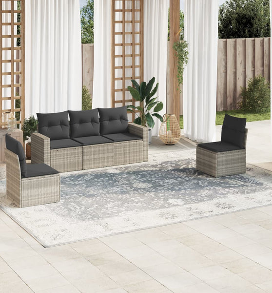 5-tlg. Garten-Sofagarnitur mit Kissen Hellgrau Poly Rattan