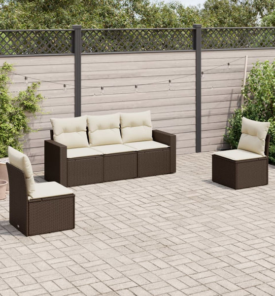 5-tlg. Garten-Sofagarnitur mit Kissen Braun Poly Rattan