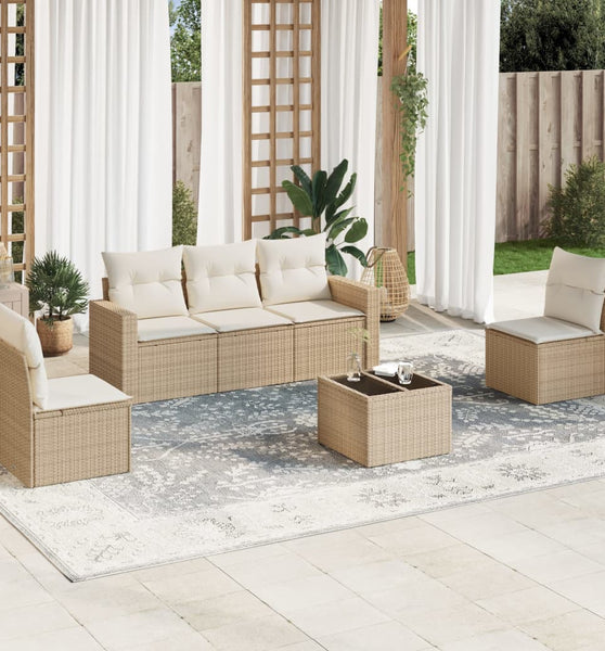 6-tlg. Garten-Sofagarnitur mit Kissen Beige Poly Rattan