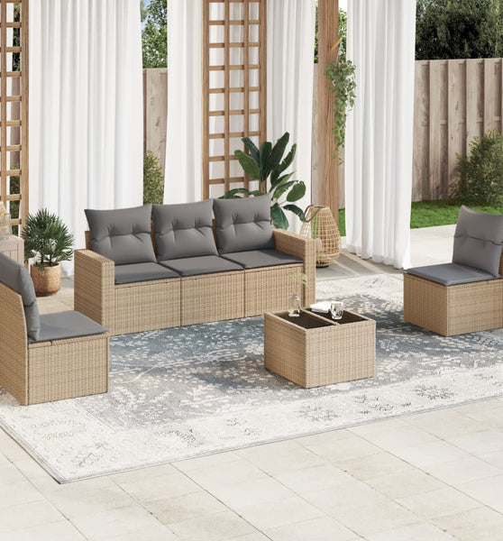 6-tlg. Garten-Sofagarnitur mit Kissen Beige Poly Rattan