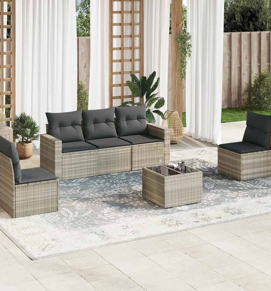 6-tlg. Garten-Sofagarnitur mit Kissen Hellgrau Poly Rattan