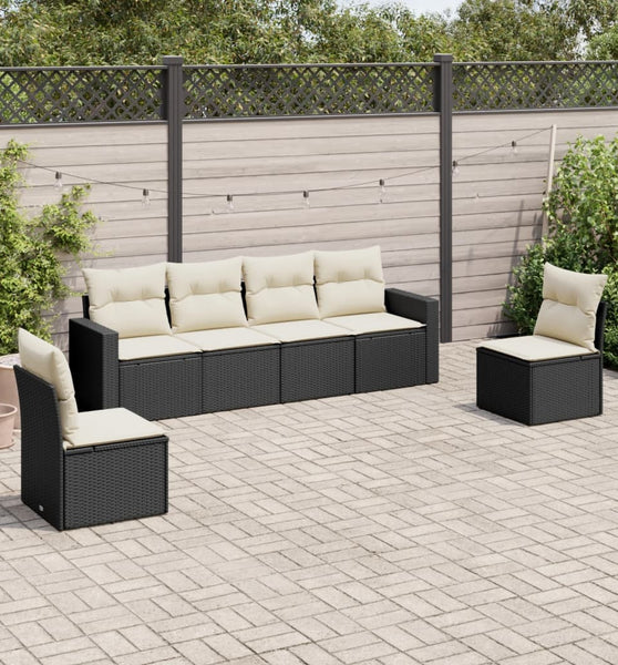 6-tlg. Garten-Sofagarnitur mit Kissen Schwarz Poly Rattan