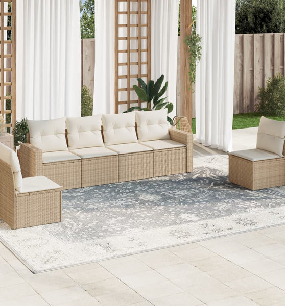 6-tlg. Garten-Sofagarnitur mit Kissen Beige Poly Rattan