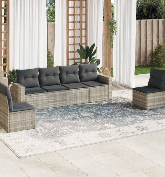 6-tlg. Garten-Sofagarnitur mit Kissen Hellgrau Poly Rattan